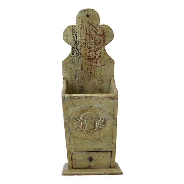 19th-Century European Provincial Carved Farinière / Salt Box in Original Sage Milk Paint For Sale