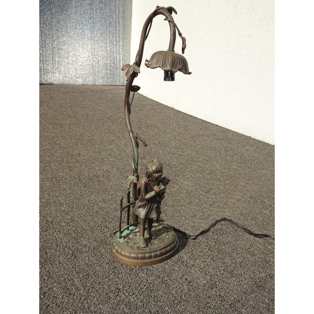 1970s Vintage French Country Cast Bronze Figural Table Lamp W a Child and Kitten For Sale - Image 5 of 14