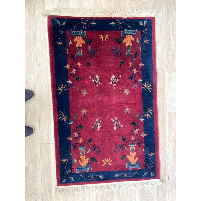 Antique Art Deco Chinese Wool Rug, Butterflies & Crimson Field, C. 1920s — 2'11" × 4'10" For Sale - Image 4 of 10