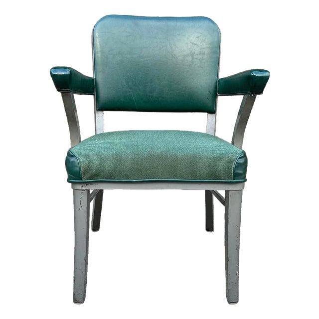 Vintage Industrial Metal Office Chair With Green Upholstery For Sale