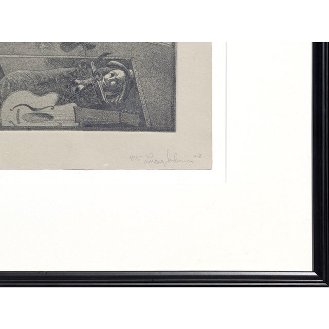Lucas Johnson Modern Black & White Surrealist Etching of a Figure & Guitar in a Grave Ed. 4/15, 1978 For Sale - Image 9 of 12