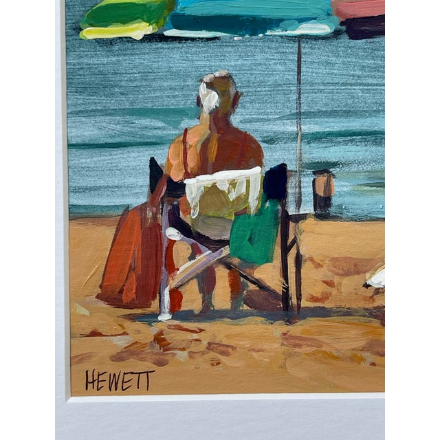 Acrylic on paper original painting of a beach scene - on an idyllic hot summer day a person sits in a chair under the...