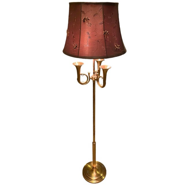 American Late 20th Century Wildwood Solid Brass Triple French Horn Floor Lamp. For Sale - Image 3 of 11