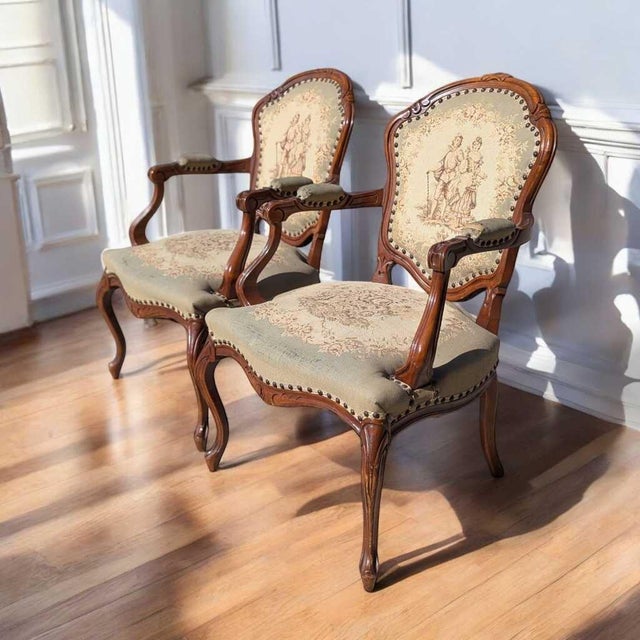 Pair of Early 20th Century Louis XV-Style Carved Wood Armchairs With Tapestry Upholstery For Sale - Image 13 of 14