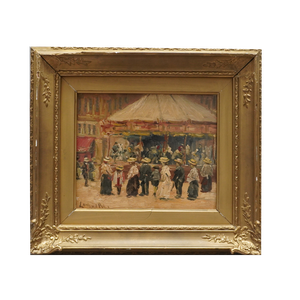 Louis Van der Pol, Street Scene with Carousel in Paris, Oil on Wood, Framed