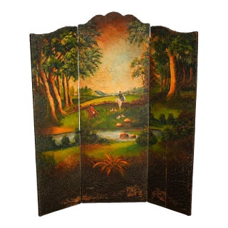 Three Panel Screen Room Divider Antique Hand Painted English Country Horse Scene For Sale