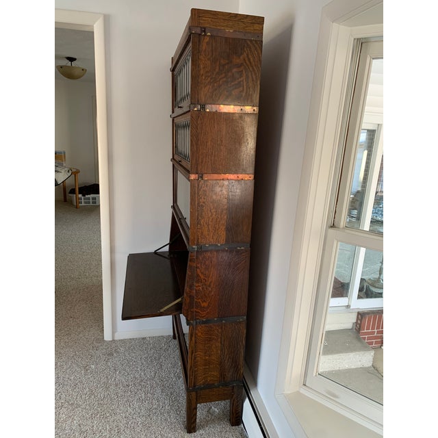 Early 20th Century Antique Globe Wernicke Barrister Bookcase Quartersawn Oak W/ Drop Front Secretary Desk + Leaded Glass For Sale - Image 5 of 18