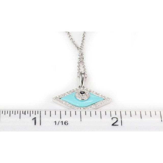 Turquoise Mid 20th Century Diamond Turquoise Sapphire 18k White Gold Evil Eye Pendant Necklace For Sale - Image 8 of 8