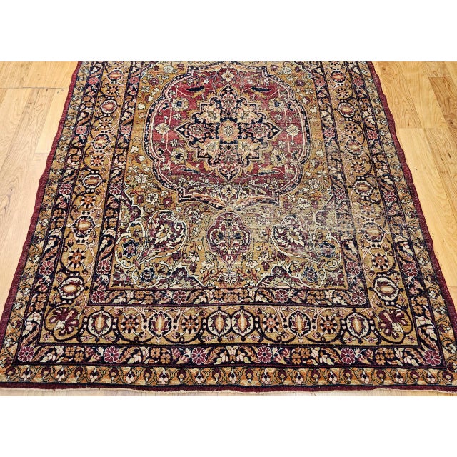 19th Century Persian Kerman Lavar Rug, Hand-Knotted Wool & Silk, Floral Pattern, Gold & Red, 4x6 For Sale - Image 11 of 16