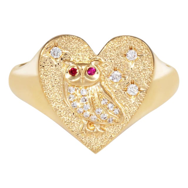 Mid 20th Century Diamond Owl Heart Ring Signet 14k Yellow Gold Sz 6.5 Fine Jewelry Ruby Eyes For Sale