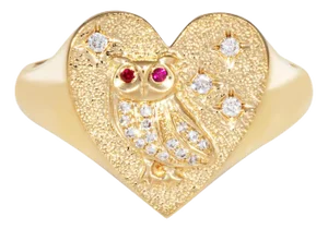 Mid 20th Century Diamond Owl Heart Ring Signet 14k Yellow Gold Sz 6.5 Fine Jewelry Ruby Eyes