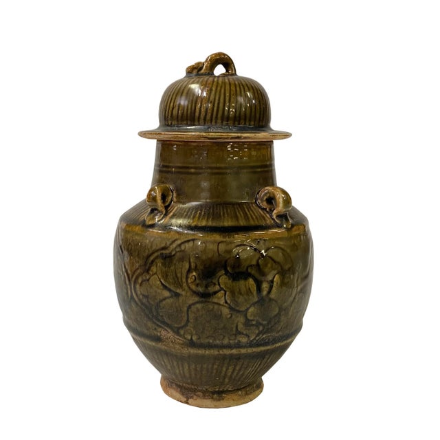 Ceramic Chinese Ware Brown Glaze Pattern Ceramic Jar Vase Display Art For Sale - Image 7 of 7