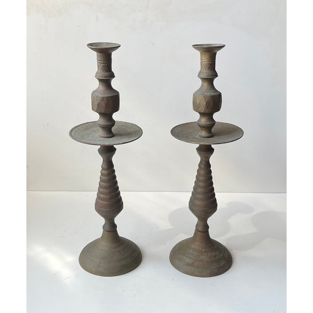 Vintage Moroccan Altar Candleholders in Engraved Brass, 1960s, Set of 2 For Sale - Image 10 of 10