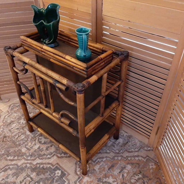 1940s Burnt Bamboo 2 Tier Magazine Stand With Sliding Tray at Top For Sale - Image 4 of 17