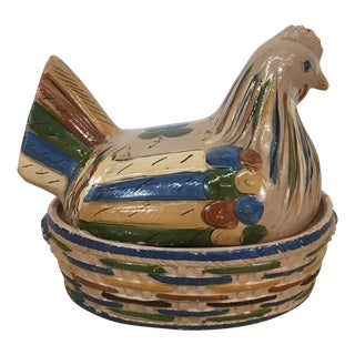 Large Mid 20th Century Tlaquepaque Mexican Pottery Hen on Nest Covered Egg Keeper Dish For Sale