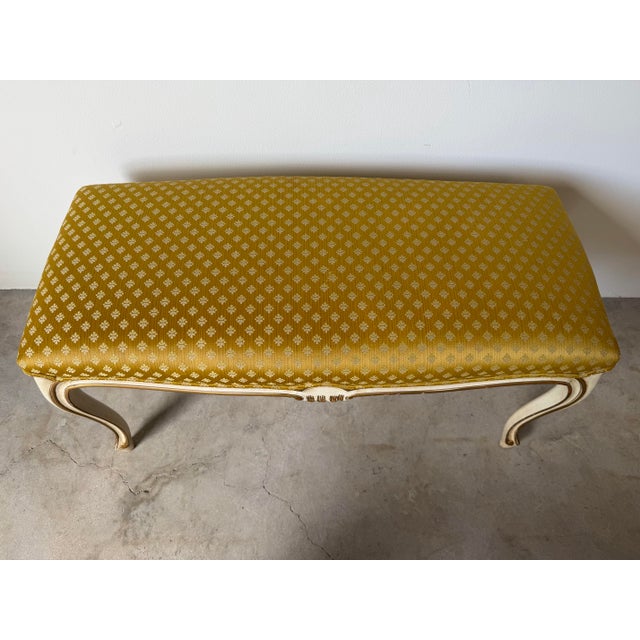 Vintage Karges Louis XV-Style Painted & Gilt Cabriole Leg Upholstered Bench For Sale - Image 4 of 12