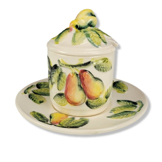 TItalian Trompe L’Oeil Pear Jam Jar With Saucer, Hand-Painted Ceramic, 4.5" For Sale - Image 4 of 10