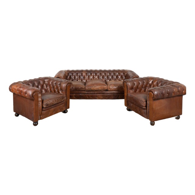 Set of Three Vintage Brown Leather Chesterfield Seating Group With Sofa and Pair of Club Chairs For Sale