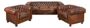 Set of Three Vintage Brown Leather Chesterfield Seating Group With Sofa and Pair of Club Chairs