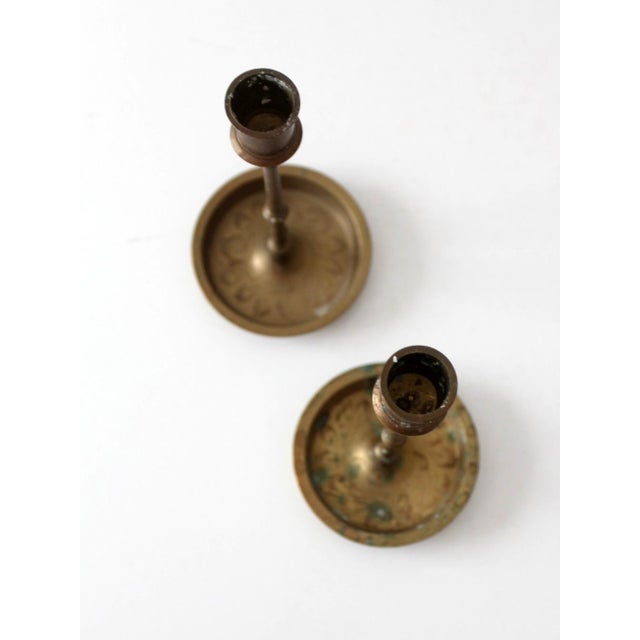 Mid-Century Modern Mid-Century Engraved Brass Candlesticks Holders For Sale - Image 3 of 8