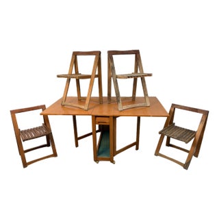 Mid 20th Century Romanian Drop Leaf Hide a Way Table W/ Four Folding Chairs For Sale