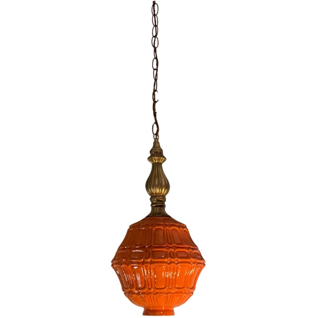 Mid-Century Modern Mid-Century Distressed Orange Pressed Glass Pendant Light For Sale - Image 3 of 18