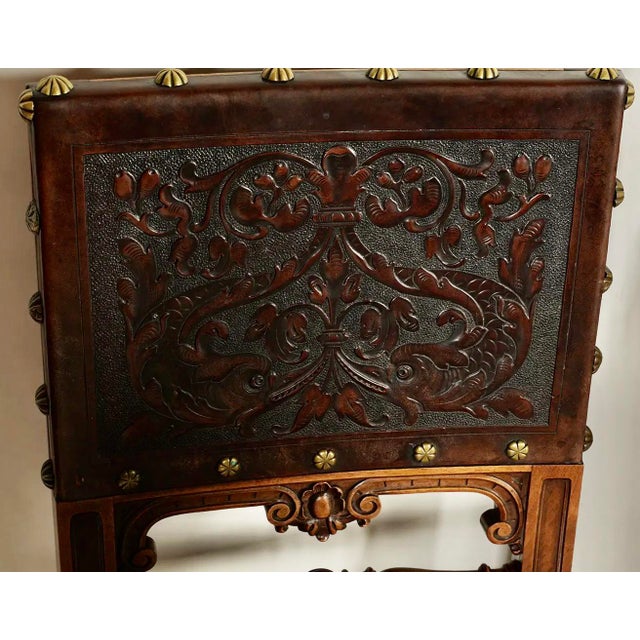 Wood Spanish Revival Leather Embossed Carved Dining Chairs-Set of 6 For Sale - Image 7 of 7