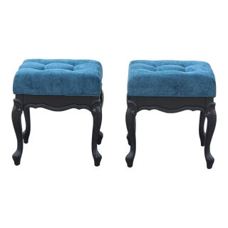 1970s Pair of French Style Blue Velvet Benches For Sale