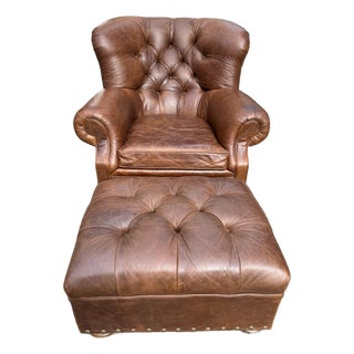 Cigar Leather Restoration Hardware Chair & Coordinating Ottoman, a Pair For Sale