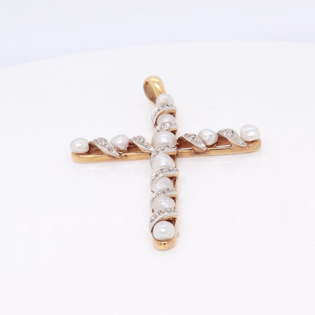 Antique Edwardian 14k Gold, Diamond, & Baroque Pearl Cross Necklace Pendant For Sale - Image 10 of 12