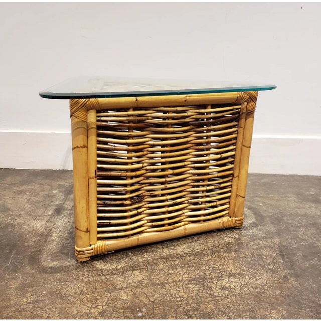 Triangular Rattan Side Table With Glass Top For Sale In Dallas - Image 6 of 8