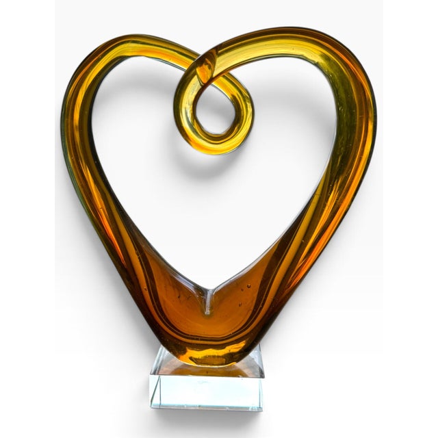 Yellow Vintage Amber Murano-Style Art Glass Heart Sculpture on Lucite Base For Sale - Image 8 of 8