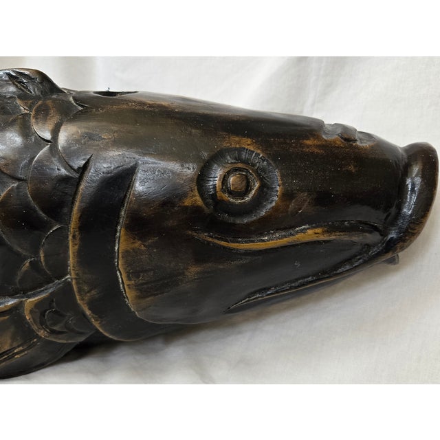 Antique Japanese Carved Wood Koi Carp Fish Jizaikagi Pot Hook Counterweight Meiji Period Intricate Scale Details...