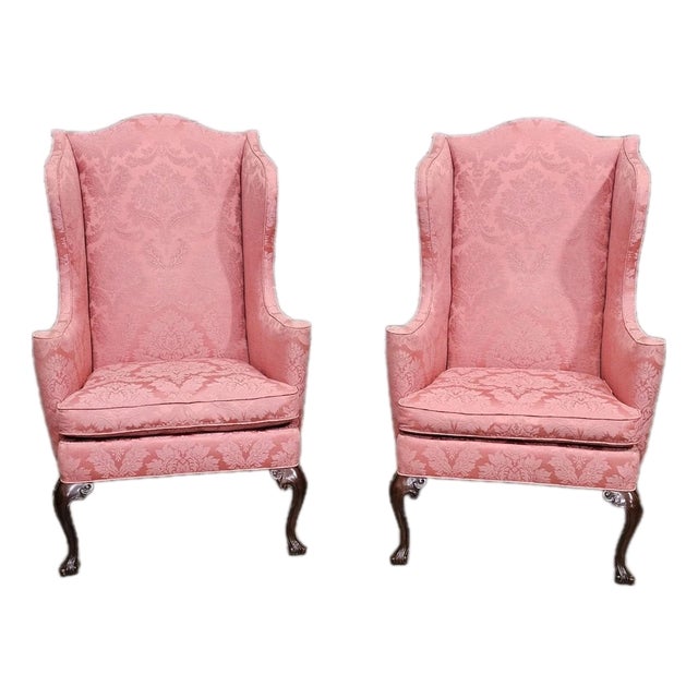 Pair of Late 20th Century Southwood Mahogany Queen Anne Style Wing Chairs Silk Damask Fabric For Sale