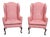 Pair of Late 20th Century Southwood Mahogany Queen Anne Style Wing Chairs Silk Damask Fabric For Sale