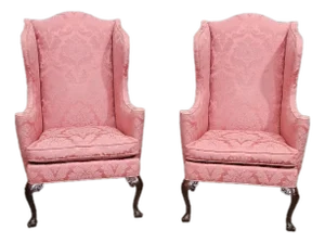 Pair of Late 20th Century Southwood Mahogany Queen Anne Style Wing Chairs Silk Damask Fabric