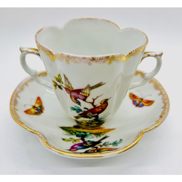 Antique Porcelain Double-Handled Chocolate Cup and Saucer with Birds and Butterflies from Dresden, 1879, Set of 2 For Sale - Image 6 of 11