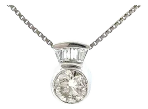 14k White Gold 0.92 CTW Bezel-Set Round & Baguette Diamond Pendant Necklace