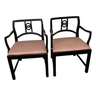 Pair Vintage MCM Blowing Rock Upholstered Arm Chairs Black Wood North Carolina For Sale