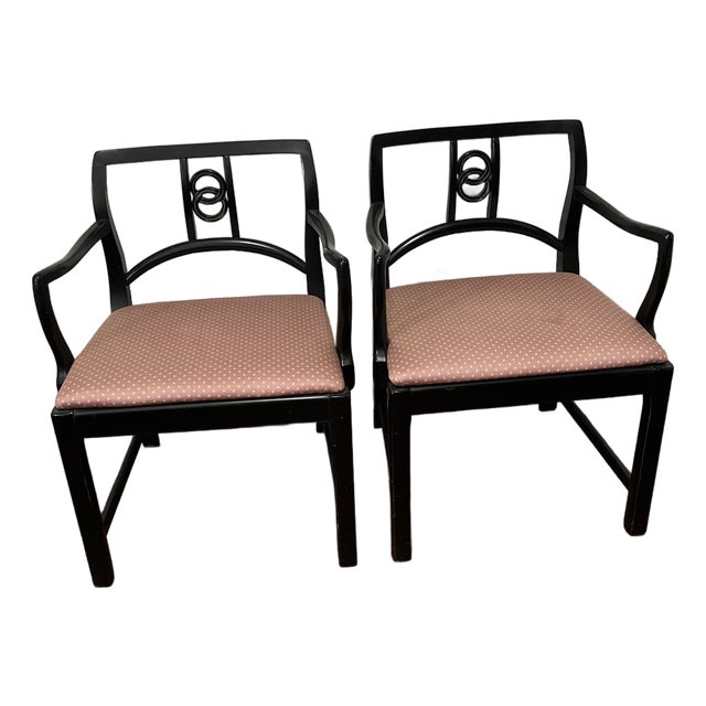 Pair Vintage MCM Blowing Rock Upholstered Arm Chairs Black Wood North Carolina For Sale