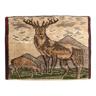 Vintage Zabihi Collection Reindeer Turkish Mini Rug - 1'5" x 1'11" For Sale