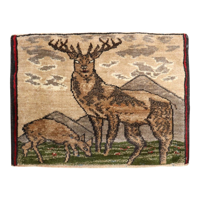 Vintage Zabihi Collection Reindeer Turkish Mini Rug - 1'5" x 1'11" For Sale