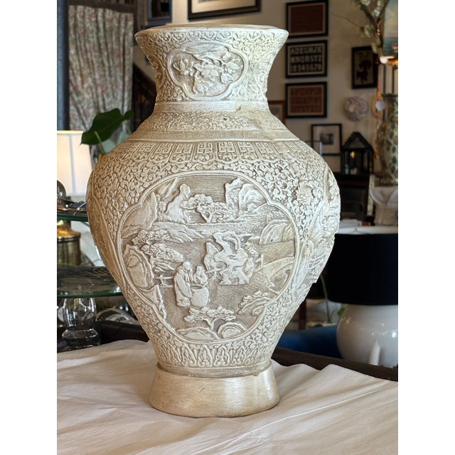 Sculpture Materials Vintage Chalkware Vase or Vessel in Deep Relief With Traditional Chinese Imagery For Sale - Image 7 of 9