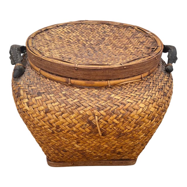 Vintage Rosenthal Netter Woven Rattan Lidded Basket W/ Carved Croc Handles For Sale