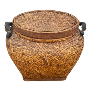 Vintage Rosenthal Netter Woven Rattan Lidded Basket W/ Carved Croc Handles
