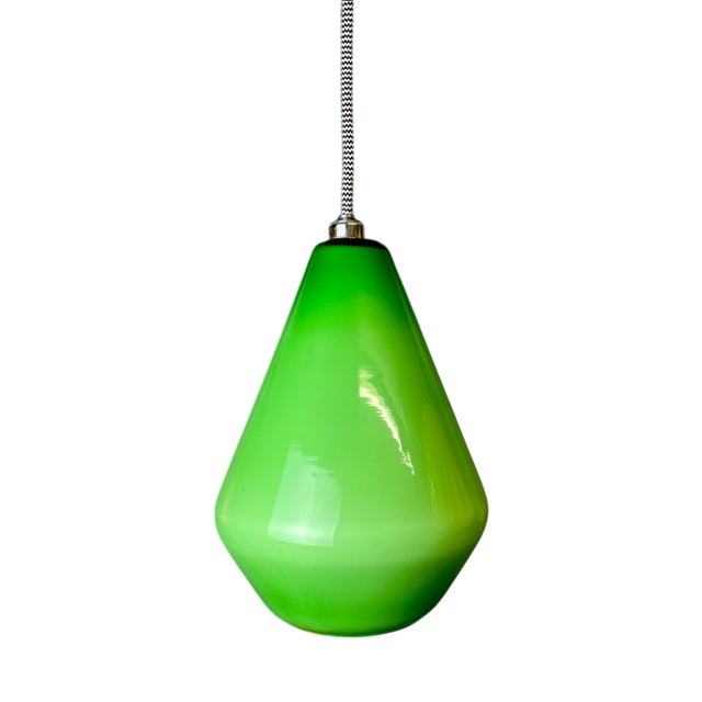 Mid-Century Green Opaline Tear Drop Shaped Hanging Lamp Light, 1970s For Sale