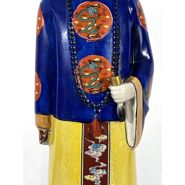 Blue Large Vintage Chinese Republic Period Crackle Glazed Figure of a Qing Scholar of Calligraphy on Wood Stand For Sale - Image 8 of 13