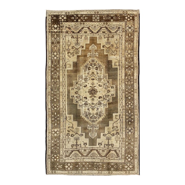 Turkish Oushak Rug With Layered Sub-Geometric Vintage in Shades of Brown & Cream 7'6 X 12'9 For Sale