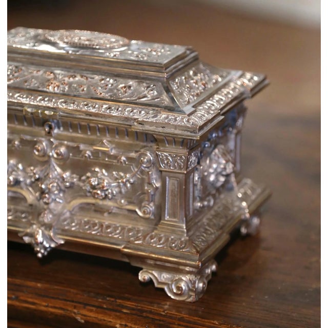 19th Century French Silver Plated Over Bronze Jewelry Box With Repousse Motifs For Sale - Image 4 of 10
