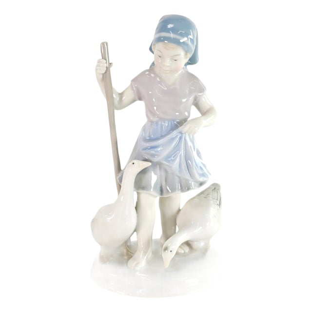 Charming Metzler & Ortloff Porcelain Figurine – "Girl With Geese," Germany, 5.75” For Sale